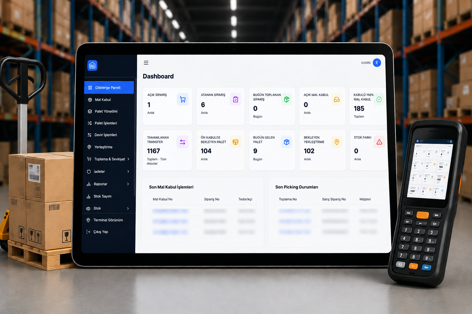 Adminsoft depo yönetim sistemi (WMS) dashboard ekran görüntüsü